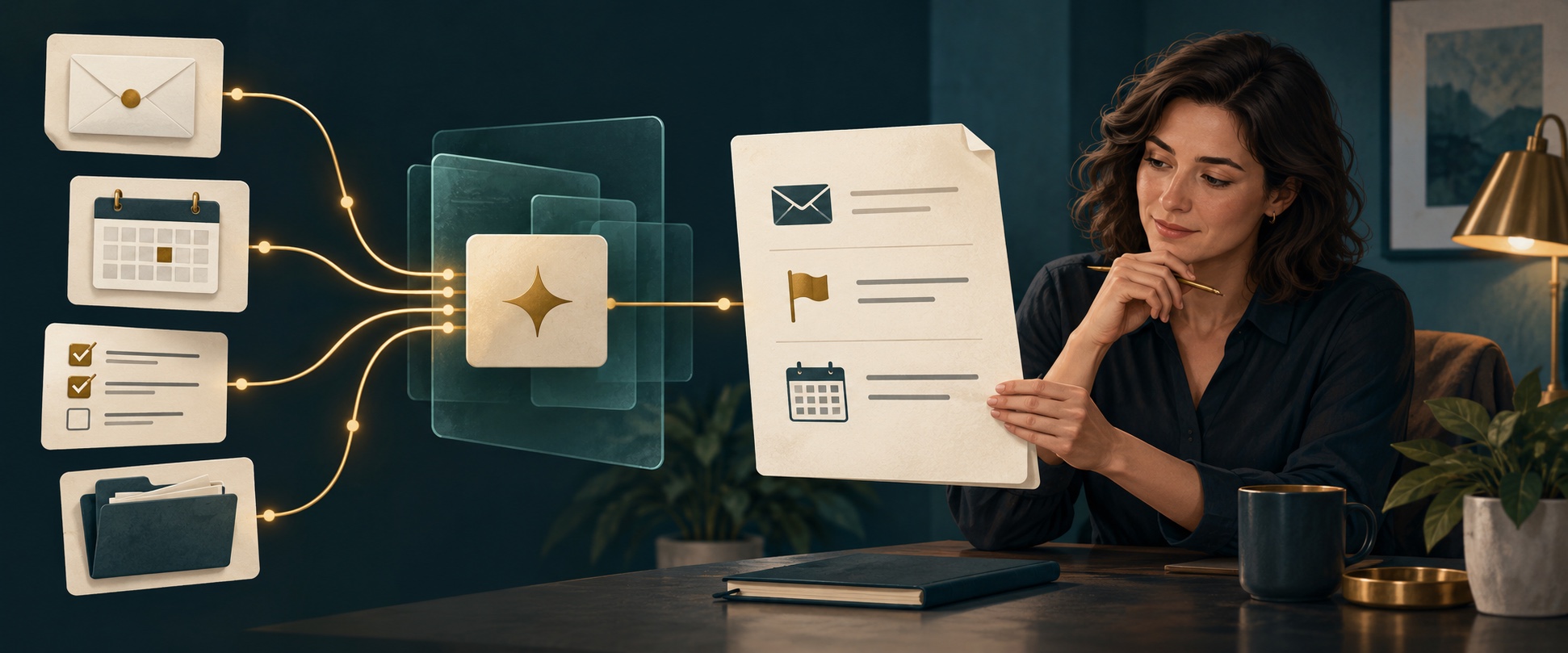 Illustration of selected work sources becoming a brief through AI preparation, followed by a business owner's review.